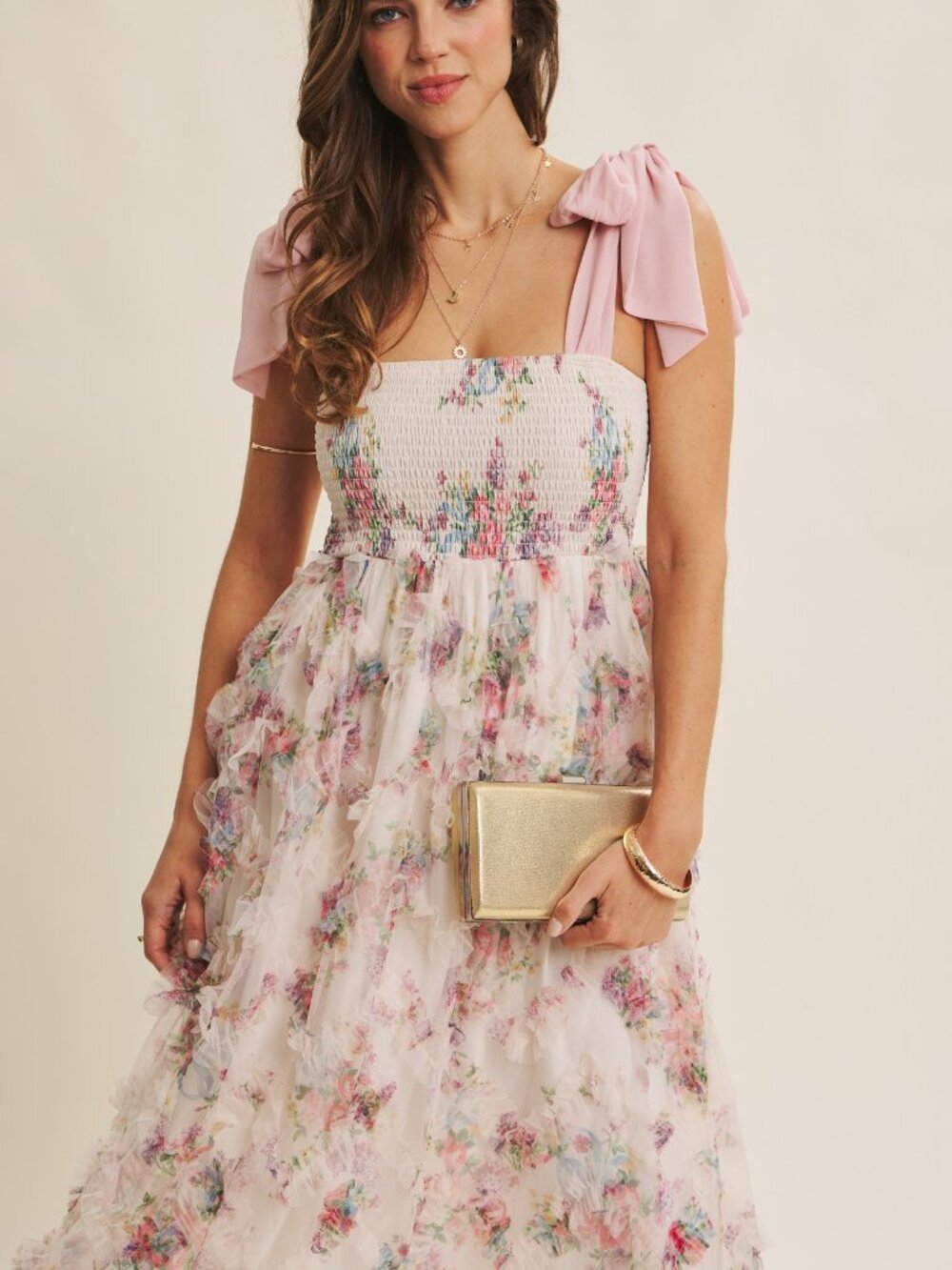 Textured Floral Smocked Midi Dress Tie Straps - Picture 6 of 11